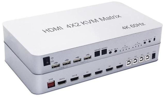 Main image of 4K 60Hz HDMI KVM Matrix Switch with 4 HDMI Inputs and 2 Outputs Dual Monitor Extended Display USB 2.0 Keyboard Mouse Control for 4 Computers Audio Extractor with Optical Fiber and 3.5mm Output
