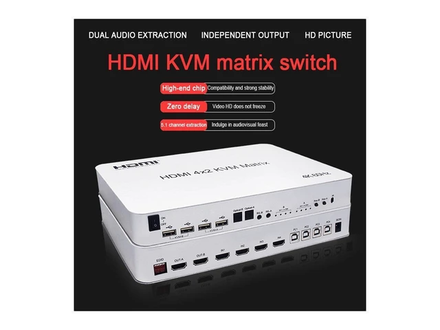 Alt view image 4 of 7 - 4K 60Hz HDMI KVM Matrix Switch with 4 HDMI Inputs and 2 Outputs Dual Monitor Extended Display USB 2.0 Keyboard Mouse Control for 4 Computers Audio Extractor with Optical Fiber and 3.5mm Output