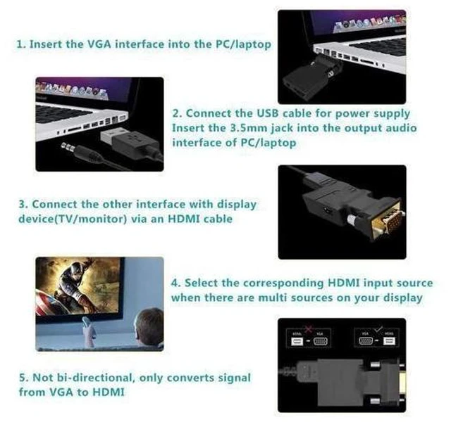 Alt view image 4 of 7 - VGA to HDMI Adapter Converter Active Male VGA Input Female HDMI Output with Synchronous Audio USB Powered 1920 x 1080/60Hz 24-bit 3.5 mm AUX for PC Laptop Projector TV Monitor Windows 7/8/10 Linux
