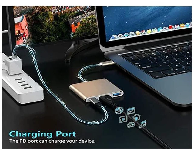 Alt view image 4 of 7 - USB-C to HDMI Adapter 4K 3840x2160P/30Hz Thunderbolt 3 Compatible Digital AV Multiport Adapter USB 3.0 Port PD Quick Charging Port 5Gbps Hub for MacBook iPad Pro S20 S10+ Projector Gold
