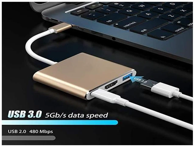 Alt view image 5 of 7 - USB-C to HDMI Adapter 4K 3840x2160P/30Hz Thunderbolt 3 Compatible Digital AV Multiport Adapter USB 3.0 Port PD Quick Charging Port 5Gbps Hub for MacBook iPad Pro S20 S10+ Projector Gold