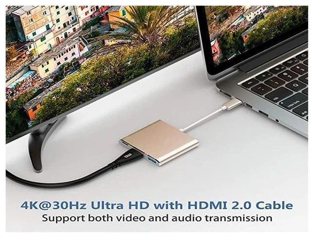 Alt view image 6 of 7 - USB-C to HDMI Adapter 4K 3840x2160P/30Hz Thunderbolt 3 Compatible Digital AV Multiport Adapter USB 3.0 Port PD Quick Charging Port 5Gbps Hub for MacBook iPad Pro S20 S10+ Projector Gold