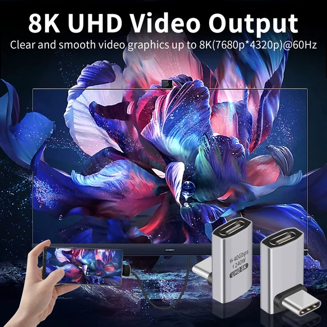 Alt view image 6 of 7 - USB-C Male to Female 90 Degree Adapter Right Angle Type-C Extender Connector 40Gbps Data Transfer 240W PD Charging 8K@60Hz Video Output for MacBook iPad Samsung Galaxy 1 Pack