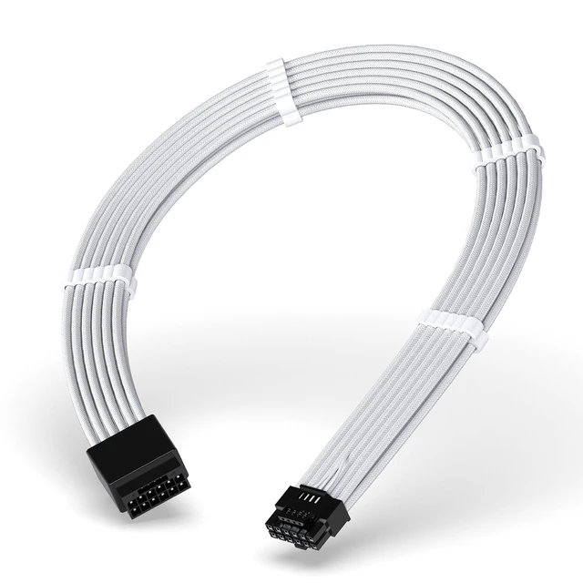 Main image of 16-Pin 12+4 12VHPWR PCIe 5.0 GPU Power Cable Extension 16AWG Male to Female Graphics Card Power Extension Cord 600W Copper Sleeved Cable for 1 to 4 8-Pin Power Adapter White with 4 Cable Combs