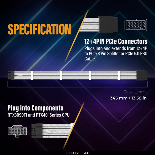Alt view image 3 of 6 - 16-Pin 12+4 12VHPWR PCIe 5.0 GPU Power Cable Extension 16AWG Male to Female Graphics Card Power Extension Cord 600W Copper Sleeved Cable for 1 to 4 8-Pin Power Adapter White with 4 Cable Combs