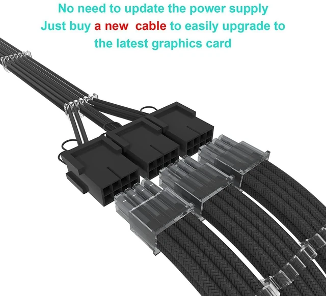 Alt view image 4 of 7 - 16AWG 12+4 Pin GPU Power Cable 3 x 8Pin to 12+4Pin PCIe PSU Extension Cable for RTX 3090Ti 4070Ti 4080 4090 Graphics Cards Gold-Plated Terminals UL1007 PET Sleeved 600W Black 30cm
