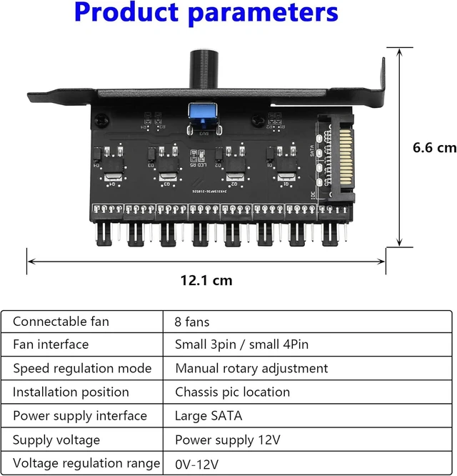 Alt view image 3 of 7 - 8-Channel PC Cooling Fan Speed Controller PCI Bracket Fan Hub with Manual Knob SATA Powered 0-12V 35W PWM Fan Controller 4-Pin/3-Pin Connectors for CPU Case HDD VGA Fans