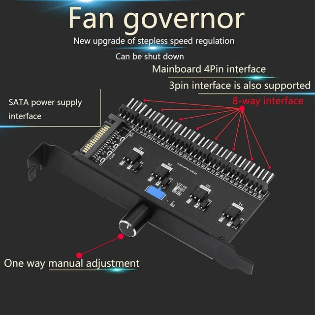 Alt view image 5 of 7 - 8-Channel PC Cooling Fan Speed Controller PCI Bracket Fan Hub with Manual Knob SATA Powered 0-12V 35W PWM Fan Controller 4-Pin/3-Pin Connectors for CPU Case HDD VGA Fans