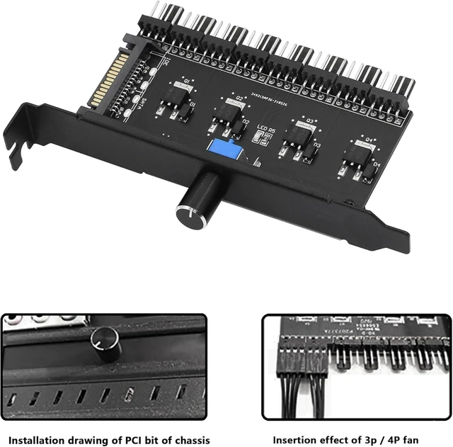 Alt view image 7 of 7 - 8-Channel PC Cooling Fan Speed Controller PCI Bracket Fan Hub with Manual Knob SATA Powered 0-12V 35W PWM Fan Controller 4-Pin/3-Pin Connectors for CPU Case HDD VGA Fans