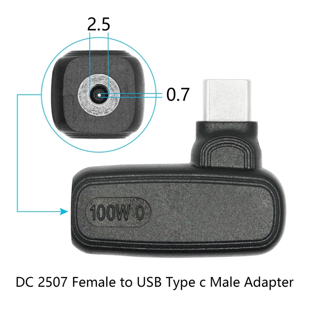 Alt view image 3 of 7 - 100W PD Power Charging Adapter 90 Degree DC 2.5mm x 0.7mm Female to USB Type C Male Plug DC 2507 to USB C Connector Converter for USB Type C Port Devices including Phones Tablets and Laptops
