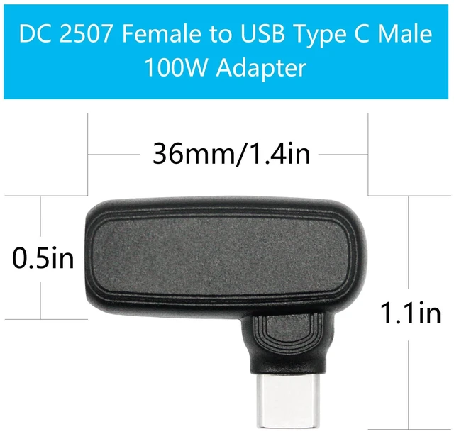 Alt view image 7 of 7 - 100W PD Power Charging Adapter 90 Degree DC 2.5mm x 0.7mm Female to USB Type C Male Plug DC 2507 to USB C Connector Converter for USB Type C Port Devices including Phones Tablets and Laptops