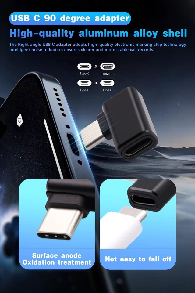 Alt view image 4 of 7 - 80Gbps USB-C Extender Adapter 90 Degree Right Angle USB-C Adapter USB-C to USB-C Adapter with 240W Charging and 8K@60Hz Video USB4 Cable Compatible for iPhone 16 and iPad Devices 2 Pack