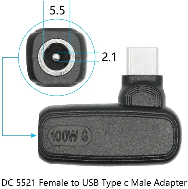 Alt view image 3 of 7 - 100W DC 5.5mm x 2.1mm Female to USB Type C Male Power Charging Adapter 90 Degree Right Angle DC 5521 to USB C PD Charging Converter with Intelligent Chip 12-20.5V Input 5V PD 9V/20V Output