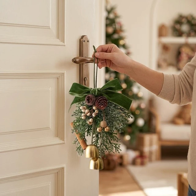 Alt view image 7 of 7 - Plush Bow Hanging Ornament with Gold Bells Pine Branch and Pine Cone Tree Decoration Ribbon Door Knob Decor for Wreaths Gifts Entryways and Home Display Green 25 cm / 9.84 inches