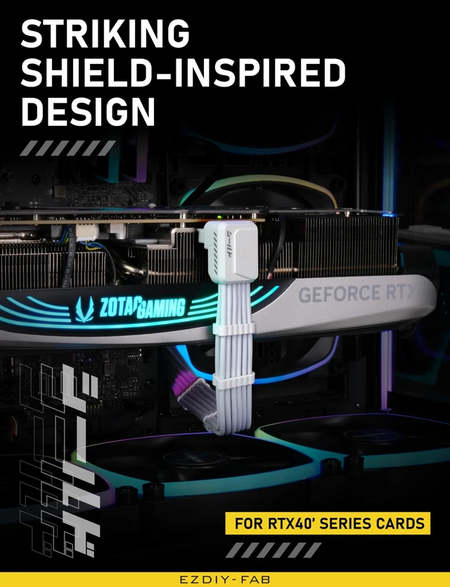 Alt view image 2 of 7 - PCIe 5.1 GPU Extension Cable 90 Degree 12V-2x6 Angle Adapter 16pin 12+4 12VHPWR PSU Cable 16AWG ATX3.1 Power Extension for RTX 40/50 Series ITX ATX Builds with Combs Standard Type White