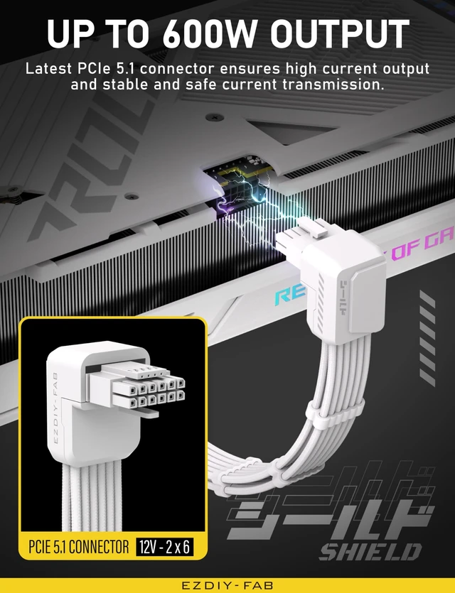 Alt view image 6 of 7 - PCIe 5.1 GPU Extension Cable 90 Degree 12V-2x6 Angle Adapter 16pin 12+4 12VHPWR PSU Cable 16AWG ATX3.1 Power Extension for RTX 40/50 Series ITX ATX Builds with Combs Standard Type White