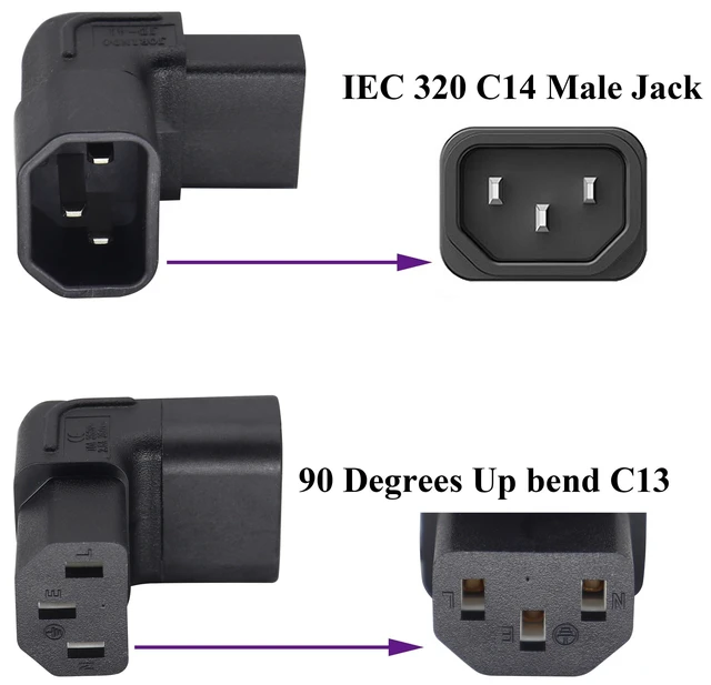 Alt view image 3 of 7 - 90 Degree C13 to C14 AC Power Adapter IEC C13 Female to IEC C14 Male PDU 3 Pin Power Socket Extension Converter Up Angled for Computer LED HDTV Monitor Etc. 2 Pack