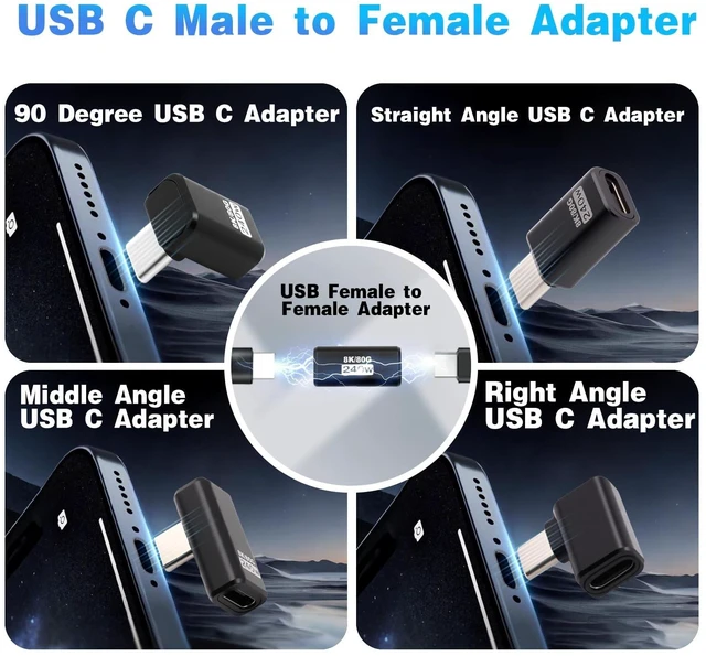 Alt view image 4 of 6 - 90 Degree USB C Right Angle Adapter USB-C Male to Female Extension 80Gbps Data Transfer 240W PD Charging 8K@60Hz Video Thunderbolt 4/5 USB4 Compatible for MacBook iPad iPhone 16 5 Pack