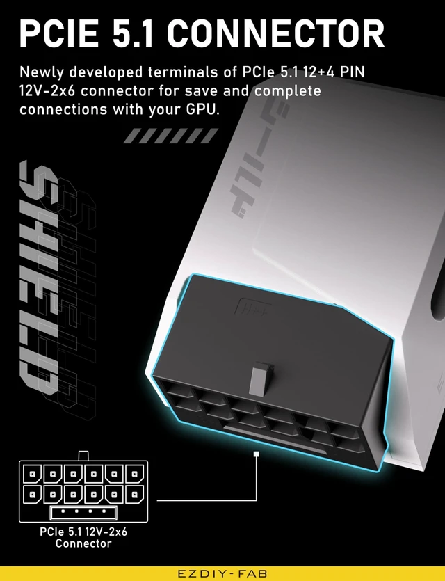Alt view image 5 of 6 - PCIe 5.0 600W GPU Power Adapter 12+4pin 16pin 12VHPWR 12V-2x6 Right Angle Connector 90 Degree 2oz Copper 4-Layer PCB Compatible with RTX 3090Ti 4070Ti 4080 4090 Graphics Cards STD Type White 1 Pack