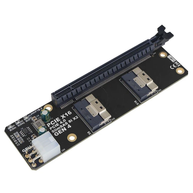 Alt view image 3 of 7 - JHHP1B PCIe 4.0/3.0 x16 to 2-Port SlimSAS 8i SFF8654 Adapter Card PCIe Gen4 Riser Board for 4x NVMe SSD or 4x U.2 Drive Connection Full-Bandwidth Graphics Card Support PCIe Splitting BIOS Required