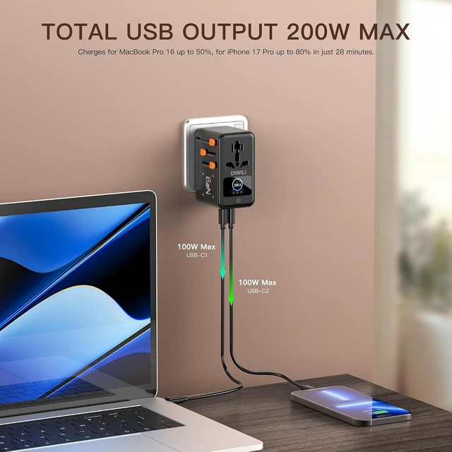 Alt view image 6 of 7 - 200W GaN Universal Travel Adapter with Smart Display 3 USB-C 1 USB-A Charging Ports 250 Volts 5 in 1 International Power Adapter US EU UK AUS Plug Worldwide 200+ Countries Black 3.5 x 2.1 x 2.2 inches