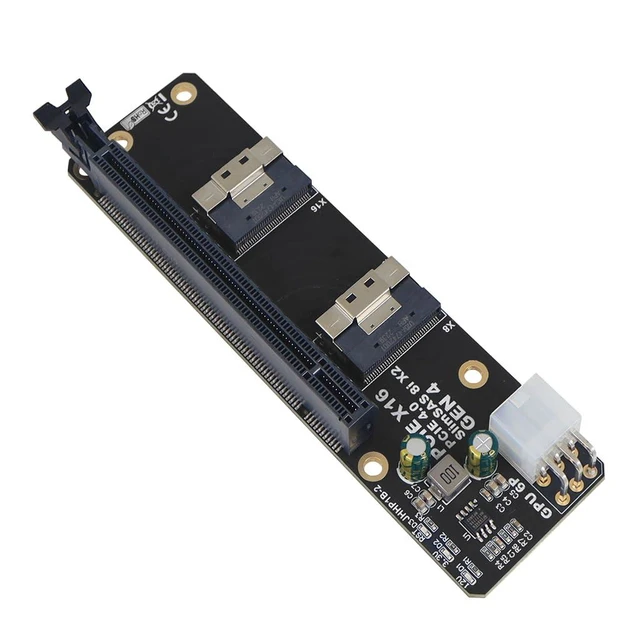 Alt view image 4 of 7 - JHHP1B PCIe 4.0/3.0 x16 to 2-Port SlimSAS 8i SFF8654 Adapter Card PCIe Gen4 Riser Board for 4x NVMe SSD or 4x U.2 Drive Connection Full-Bandwidth Graphics Card Support PCIe Splitting BIOS Required