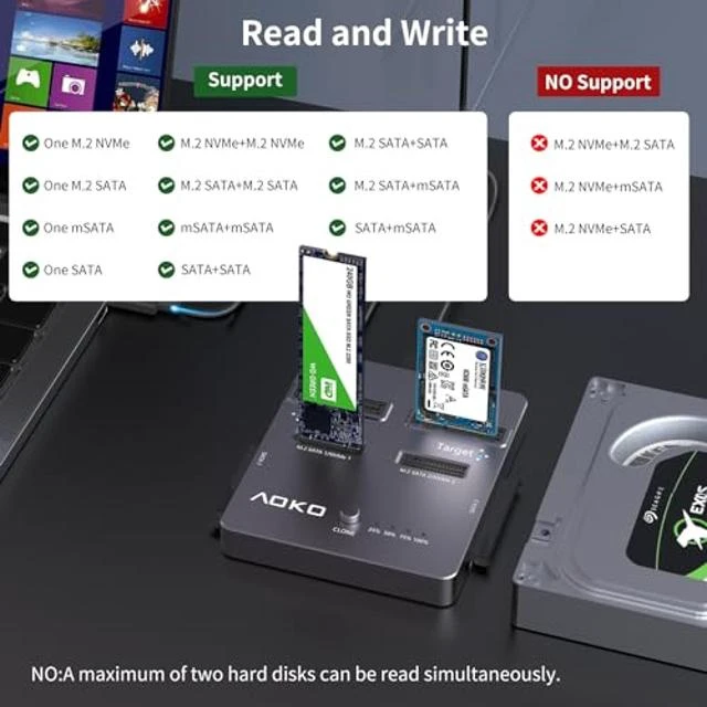 Alt view image 5 of 5 - M.2 NVMe Cloner 4 in 1 Dual-Bay Hard Drive Docking Station Offline Duplicator for NVMe SSD 2.5"/3.5" SATA HDD/SSD mSATA SSD and B+M Key M.2 SATA SSD 10 Cloning Modes 30x30mm 51x30mm