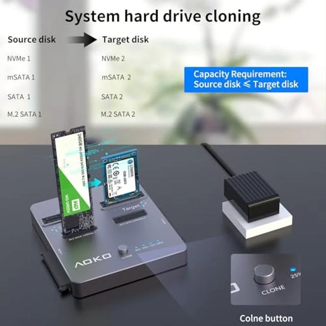 Alt view image 4 of 5 - M.2 NVMe Cloner 4 in 1 Dual-Bay Hard Drive Docking Station Offline Duplicator for NVMe SSD 2.5"/3.5" SATA HDD/SSD mSATA SSD and B+M Key M.2 SATA SSD 10 Cloning Modes 30x30mm 51x30mm