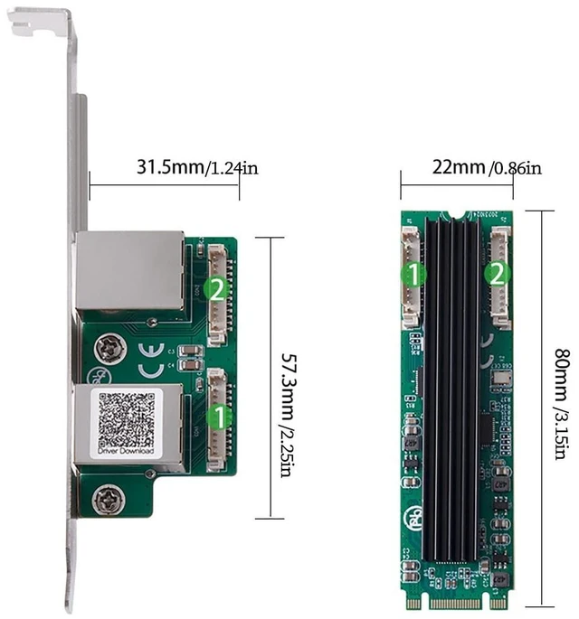 Alt view image 5 of 7 - IO-M2F8125E-2GLAN M.2 B+M Key Dual RJ45 2.5G Ethernet Card RTL8125B PCIe M.2 Dual-Port LAN Adapter 10/100/1000/2500Mbps NIC Windows Linux 22x80mm Main Board 57.3x31.5mm Sub-Board