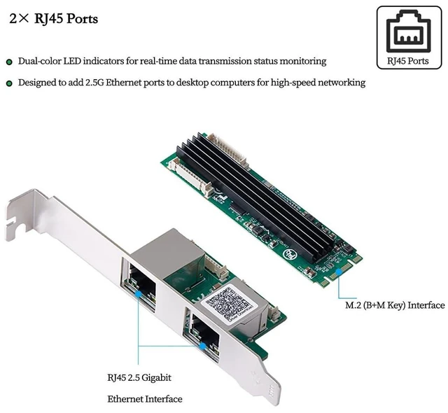 Alt view image 3 of 7 - IO-M2F8125E-2GLAN M.2 B+M Key Dual RJ45 2.5G Ethernet Card RTL8125B PCIe M.2 Dual-Port LAN Adapter 10/100/1000/2500Mbps NIC Windows Linux 22x80mm Main Board 57.3x31.5mm Sub-Board
