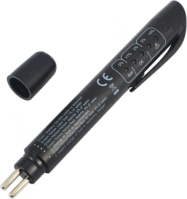 Main image of Brake Fluid Tester Pen Automotive Diagnostic Tool Brake Fluid Quality Tester 5 LED Water Content Indicators LR03 AAA 1.5V Battery Not Included Black 155mm/6.1in