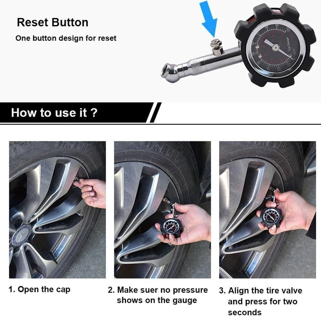 Alt view image 4 of 7 - 100PSI Analog Tire Pressure Gauge Mechanical Air Pressure Tester with 1.5 Inch Dial ±1.5% Mid Range Accuracy 360-Degree Swivel Chuck Pressure Hold and Reset Bleeder Valve Cars Trucks Bikes
