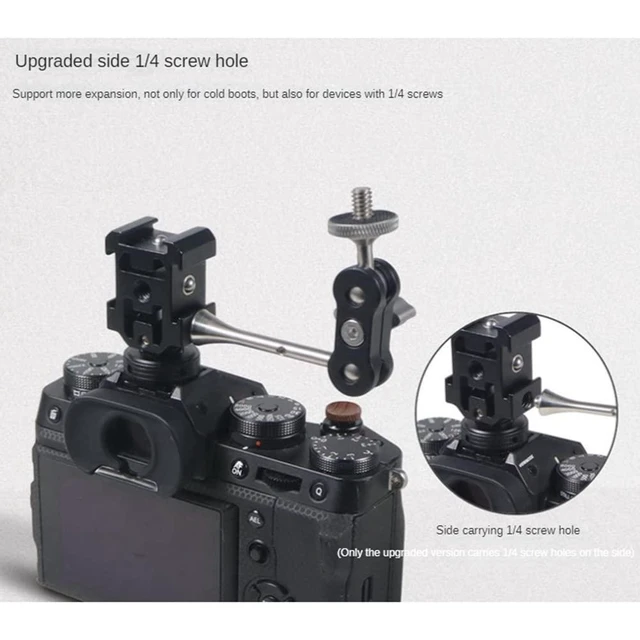 Alt view image 7 of 7 - Triple Hot Shoe Adapter Bracket Aluminum Alloy 3-Head Cold Shoe Extension with Bottom 1/4 Screw Hole DSLR Camera LED Video Microphone Flash Light Tripod Holder Black 5.1 x 3 x 2.5cm