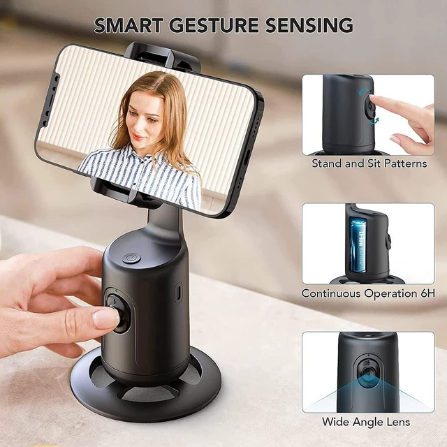 Alt view image 3 of 7 - AI Face Tracking Phone Gimbal Stabilizer 360° Rotation Desktop Handheld Gimbal Phone Tripod with 1/4 Tripod Interface Gesture Control Horizontal Vertical Switching for Live Streaming Black
