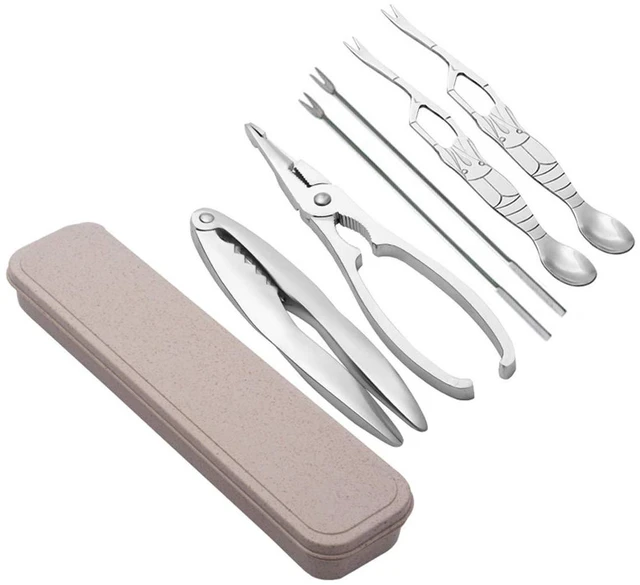 Main image of Seafood Tool Set with Storage Box 4 Stainless Steel Seafood Forks 2 Lobster Crackers Die Cast Zinc Alloy 16 cm and 17.5 cm Forks 15 x 2 cm and 17.8 x 3 cm Crackers for Crab Lobster 6 Pieces