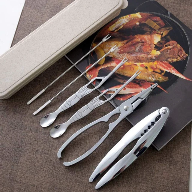 Alt view image 6 of 7 - Seafood Tool Set with Storage Box 4 Stainless Steel Seafood Forks 2 Lobster Crackers Die Cast Zinc Alloy 16 cm and 17.5 cm Forks 15 x 2 cm and 17.8 x 3 cm Crackers for Crab Lobster 6 Pieces