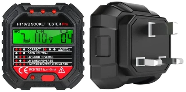 Main image of HT107 Socket Tester EU/UK/US Plug Voltage Tester LCD Display Socket Wiring Test RCD 30mA GFCI Test 48-250V 45-65Hz Accuracy +/-2.0%+2 Electrical Tester 68x65x60mm/2.68x2.56x2.36inches