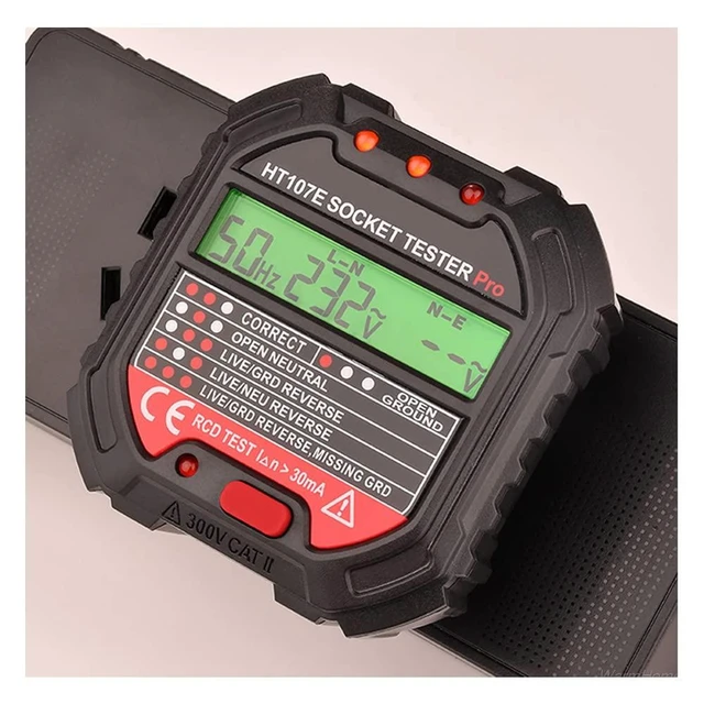 Alt view image 2 of 7 - HT107 Socket Tester EU/UK/US Plug Voltage Tester LCD Display Socket Wiring Test RCD 30mA GFCI Test 48-250V 45-65Hz Accuracy +/-2.0%+2 Electrical Tester 68x65x60mm/2.68x2.56x2.36inches
