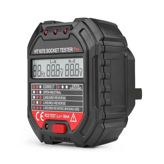 Alt view image 4 of 7 - HT107 Socket Tester EU/UK/US Plug Voltage Tester LCD Display Socket Wiring Test RCD 30mA GFCI Test 48-250V 45-65Hz Accuracy +/-2.0%+2 Electrical Tester 68x65x60mm/2.68x2.56x2.36inches
