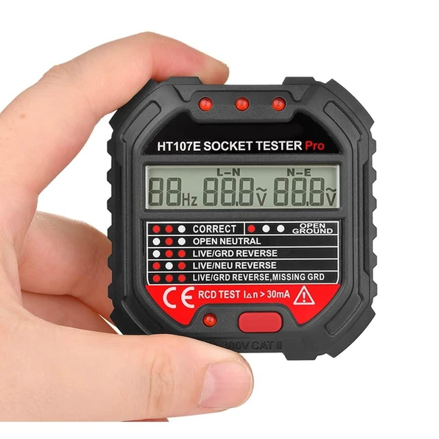 Alt view image 3 of 7 - HT107 Socket Tester EU/UK/US Plug Voltage Tester LCD Display Socket Wiring Test RCD 30mA GFCI Test 48-250V 45-65Hz Accuracy +/-2.0%+2 Electrical Tester 68x65x60mm/2.68x2.56x2.36inches