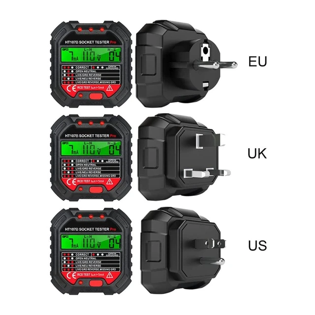Alt view image 7 of 7 - HT107 Socket Tester EU/UK/US Plug Voltage Tester LCD Display Socket Wiring Test RCD 30mA GFCI Test 48-250V 45-65Hz Accuracy +/-2.0%+2 Electrical Tester 68x65x60mm/2.68x2.56x2.36inches