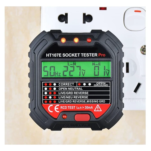 Alt view image 6 of 7 - HT107 Socket Tester EU/UK/US Plug Voltage Tester LCD Display Socket Wiring Test RCD 30mA GFCI Test 48-250V 45-65Hz Accuracy +/-2.0%+2 Electrical Tester 68x65x60mm/2.68x2.56x2.36inches