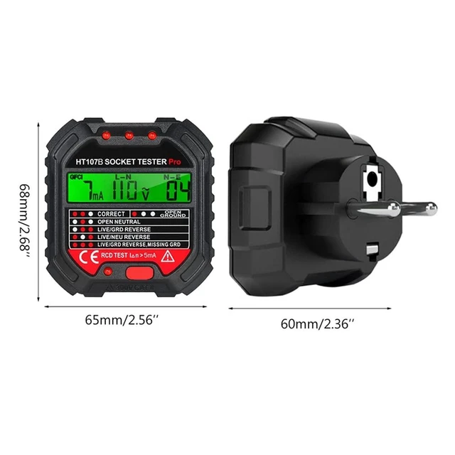 Alt view image 5 of 7 - HT107 Socket Tester EU/UK/US Plug Voltage Tester LCD Display Socket Wiring Test RCD 30mA GFCI Test 48-250V 45-65Hz Accuracy +/-2.0%+2 Electrical Tester 68x65x60mm/2.68x2.56x2.36inches
