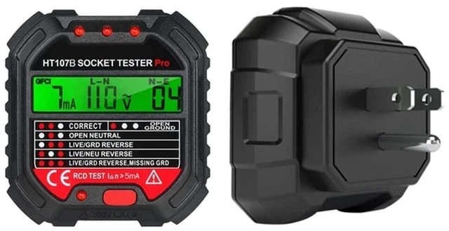 Main image of HT107B-US HT107 Socket Tester EU/UK/US Plug Voltage Tester RCD and GFCI Test Meter with LCD Digital Display 48-250V 45-65Hz Measurement ±2.0%+2 Accuracy Wiring Detection 30mA RCD Test 68x65x60mm