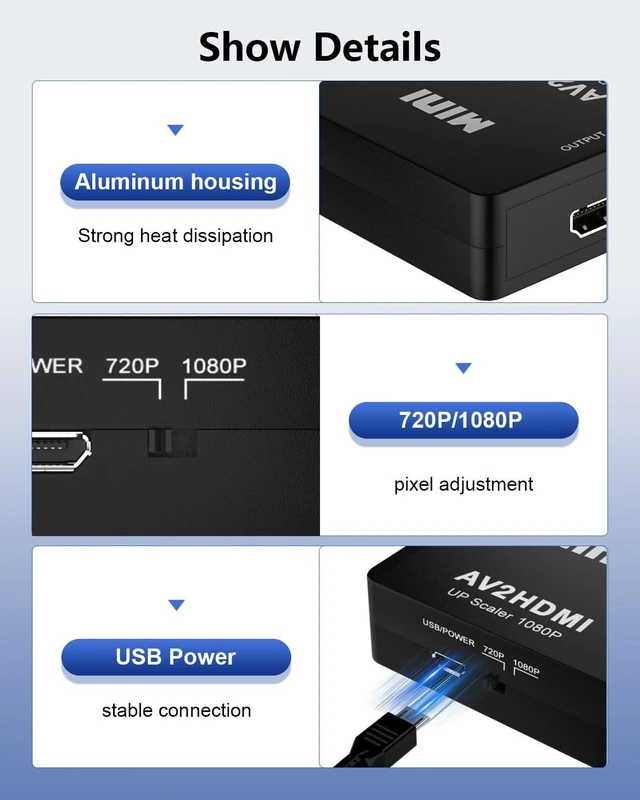 Alt view image 5 of 7 - AV2HDMI RCA to HDMI Converter Composite Video to HDMI Adapter AV Video Converter for VCR DVD VHS Players and Gaming Consoles PAL NTSC SECAM 720P/1080P 60Hz 5V 1A Black