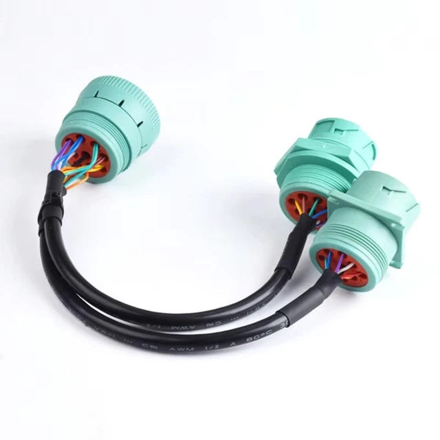 Alt view image 2 of 6 - J1939 9-Pin Y-Splitter Cable Diagnostic Adapter 1 Male to 2 Female Deutsche Connectors for Heavy-Duty Truck Diagnostics Parallel Device Connection Black Cable Mint Green Connectors