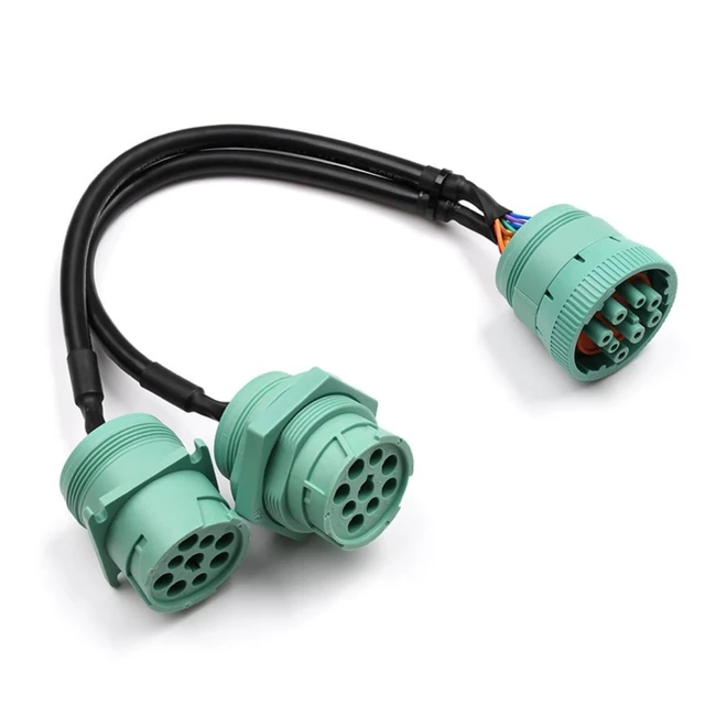 Main image of J1939 9-Pin Y-Splitter Cable Diagnostic Adapter 1 Male to 2 Female Deutsche Connectors for Heavy-Duty Truck Diagnostics Parallel Device Connection Black Cable Mint Green Connectors