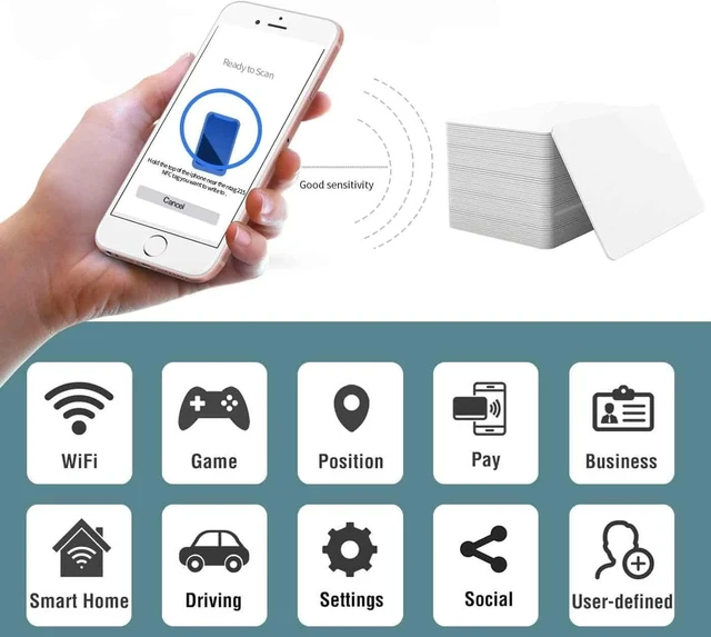 Alt view image 3 of 6 - NTAG215 NFC Cards NFC Tags Blank PVC Smart Cards 504 Bytes 13.56MHz Waterproof Programmable Read/Write Compatible with iPhone 7 iOS 13 or Later Solid White 85.5*54*0.8mm 50 Pcs