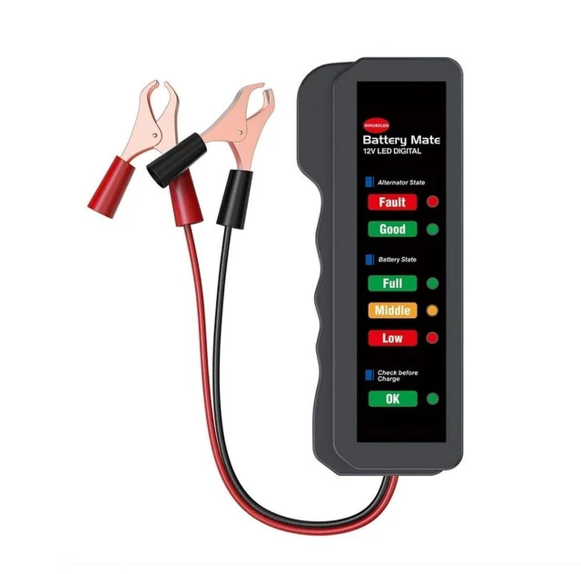 Main image of 12V Car Battery Tester and Alternator Checker LED Digital Battery Analyzer with 6 Color Indicators Copper Clamp Cables for Cars SUVs Light Trucks Motorcycles and 12V Lead-Acid Batteries 25cm Cable