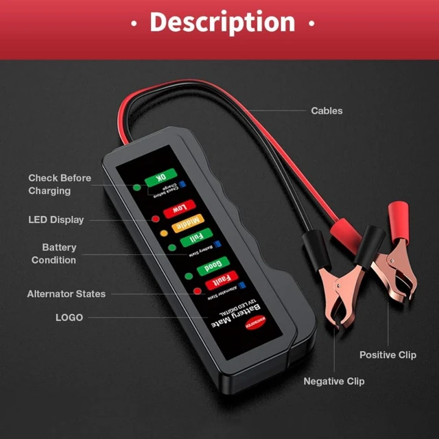 Alt view image 3 of 7 - 12V Car Battery Tester and Alternator Checker LED Digital Battery Analyzer with 6 Color Indicators Copper Clamp Cables for Cars SUVs Light Trucks Motorcycles and 12V Lead-Acid Batteries 25cm Cable